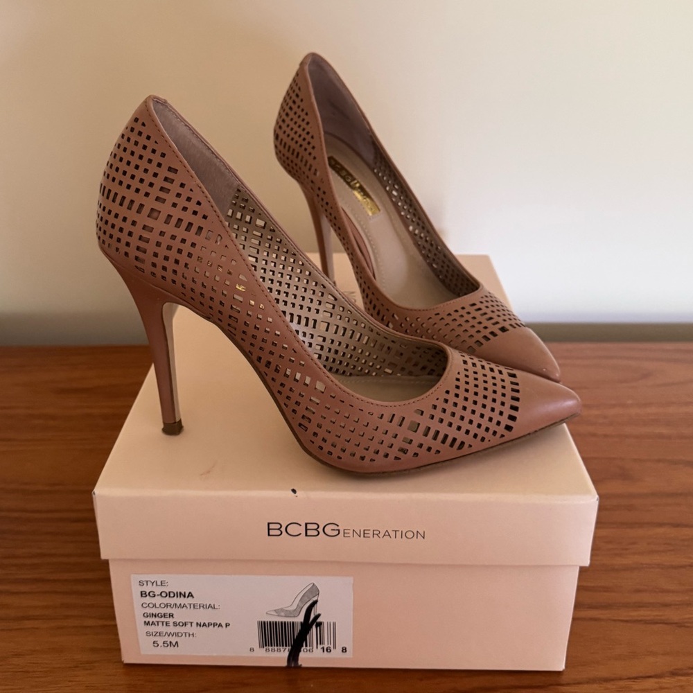 BCBGeneration Tan Peep-Toe Stiletto Heels